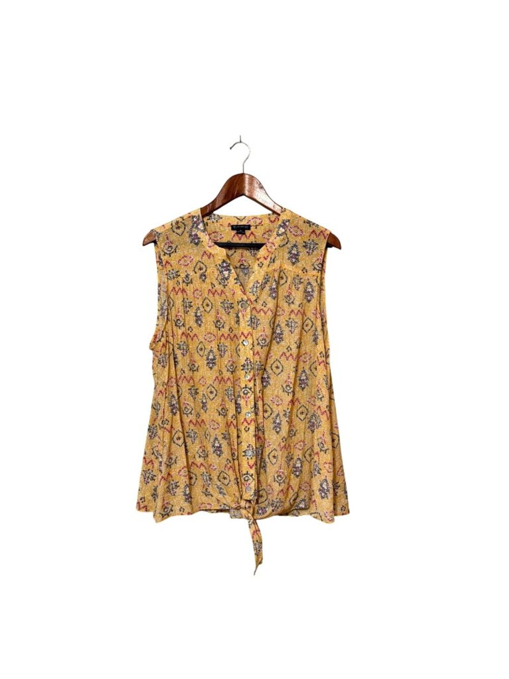 New Directions Curvy Yellow Sleeveless Blouse Tie Front & Button Closure Size 2X
